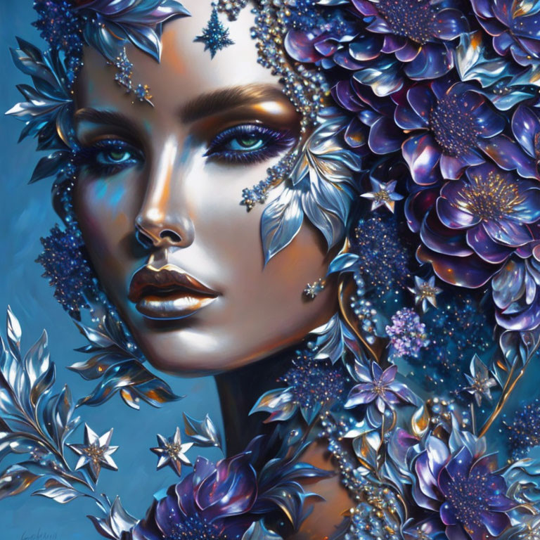 Digital artwork featuring woman with metallic skin and floral motifs in blue and silver.