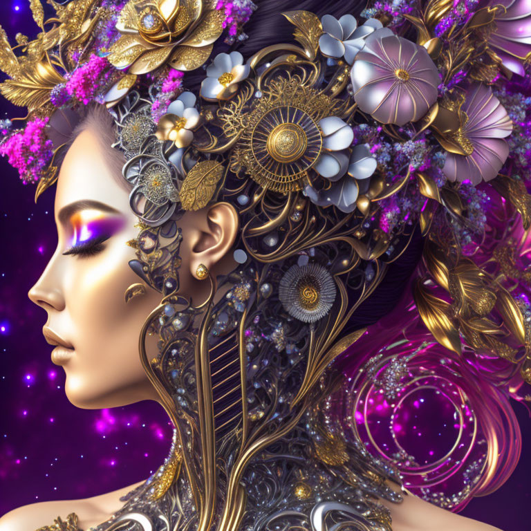 Woman in Gold and Floral Headpiece on Cosmic Background