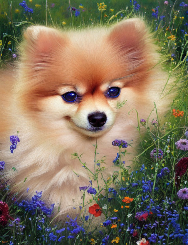 Fluffy Pomeranian Dog with Blue Eyes in Wildflower Field