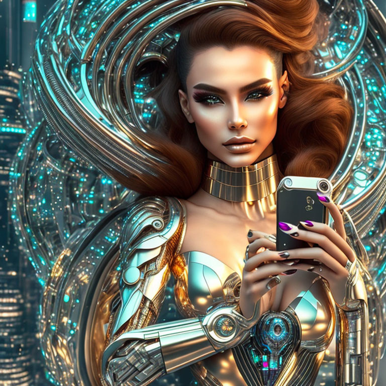 Futuristic female robot with metallic arms and stylish makeup holding a smartphone