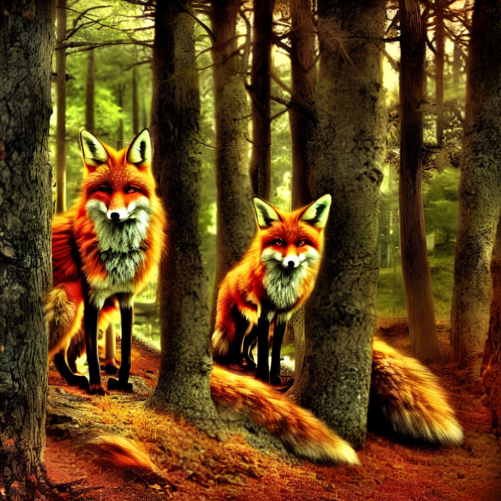 Stylized red foxes with exaggerated features in vibrant forest scene