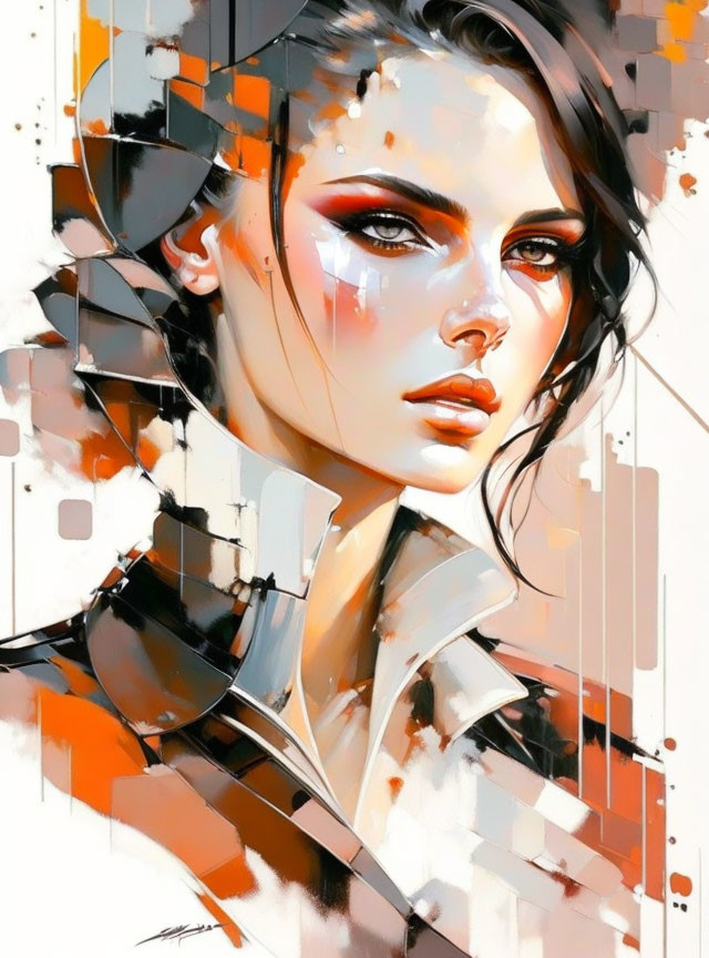 Stylized digital portrait of woman with strong features and abstract color splashes