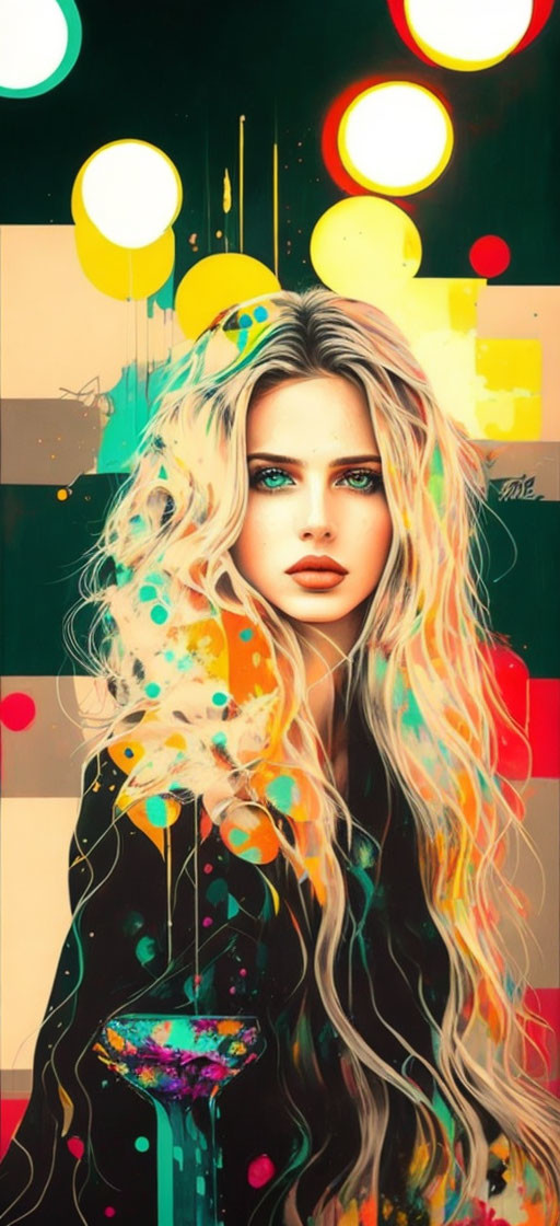 Colorful Abstract Artwork: Woman with Long Blonde Hair and Blue Eyes