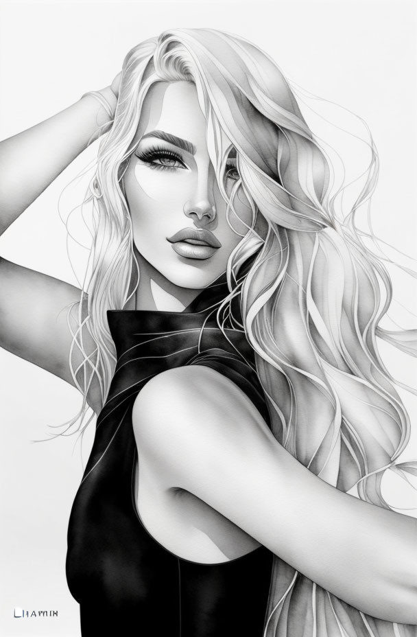 Monochrome illustration of woman with flowing hair and dramatic makeup