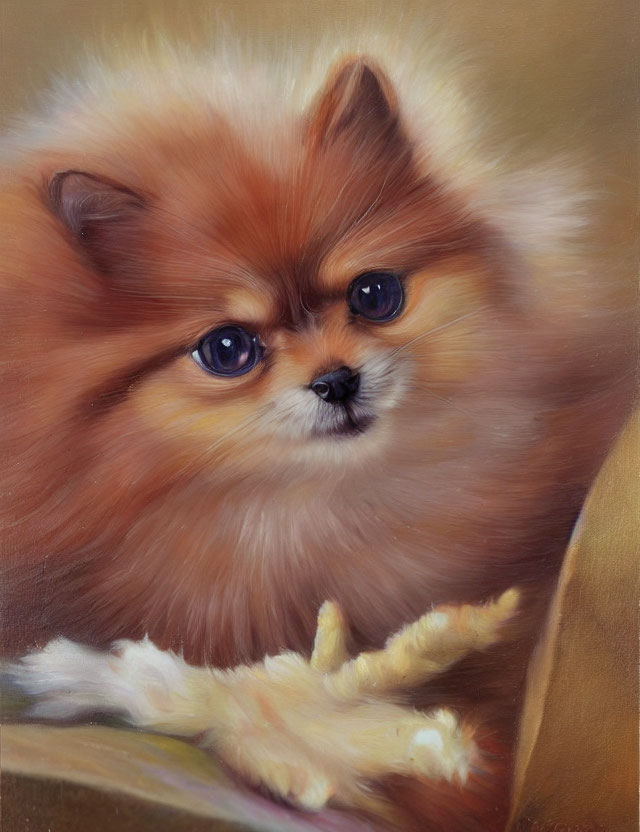 Sable coat Pomeranian with expressive eyes on tan background