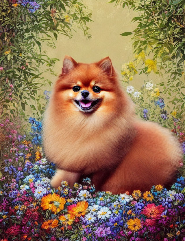 Fluffy Pomeranian Dog Smiling Surrounded by Vibrant Flowers