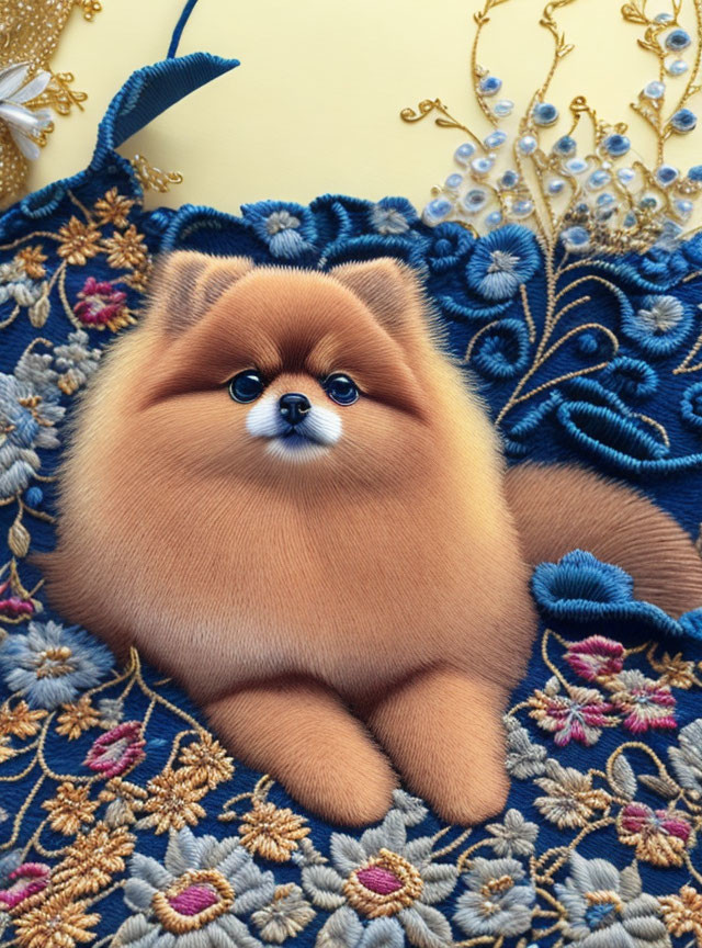 Fluffy Pomeranian Dog on Blue and Gold Embroidered Fabric