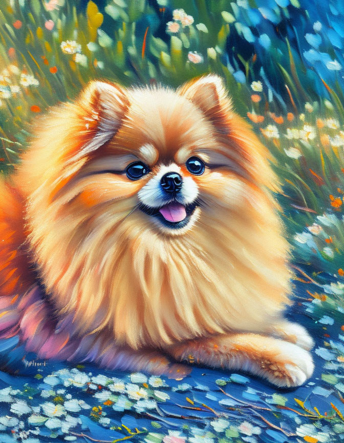 Happy Pomeranian Dog Lying in Colorful Flower Field