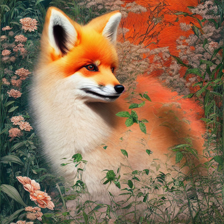 Detailed Illustration of Red Fox in Lush Flora Environment