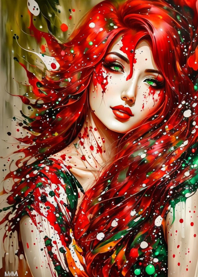 Colorful Artwork: Woman with Red Hair and Paint Splatters