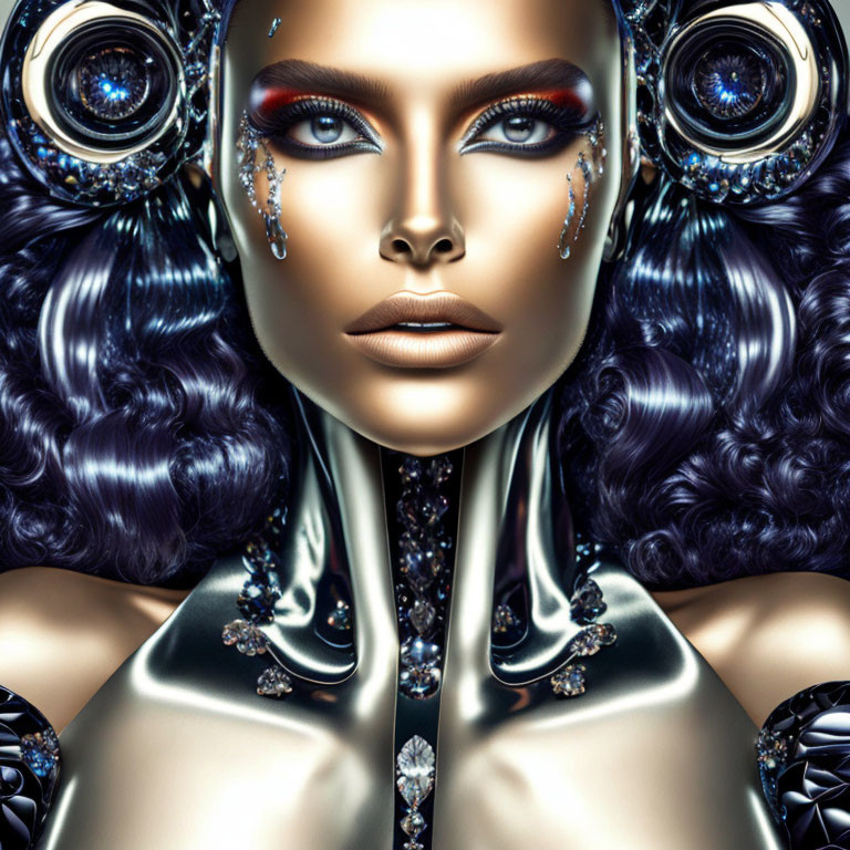 Futuristic digital art portrait of a woman with striking makeup and metallic clothing