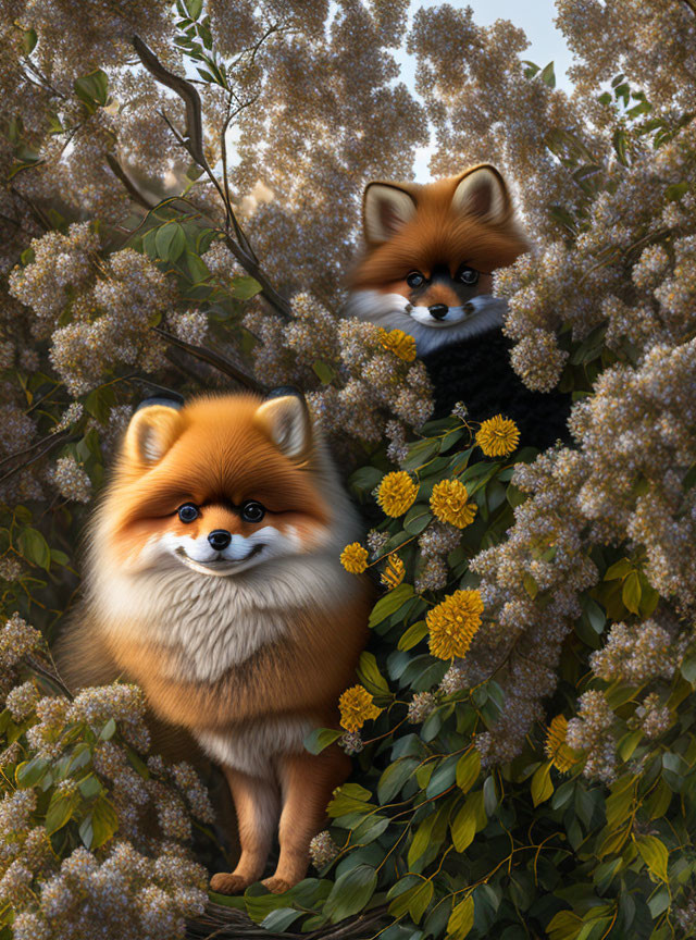 Stylized anthropomorphic foxes in dense foliage with yellow flowers