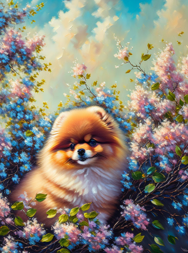 Fluffy Pomeranian Surrounded by Blossoming Flowers