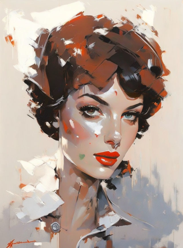 Modern painting of woman with retro hairstyle and striking gaze