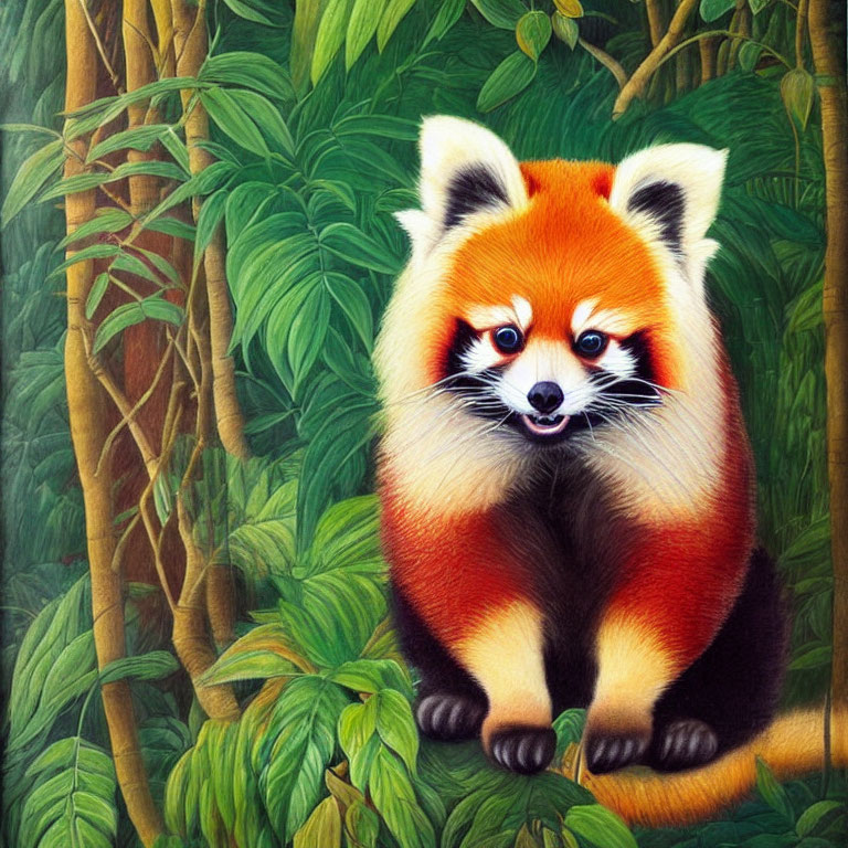 Colorful Illustration: Red Panda with Blue Eyes in Bamboo Setting