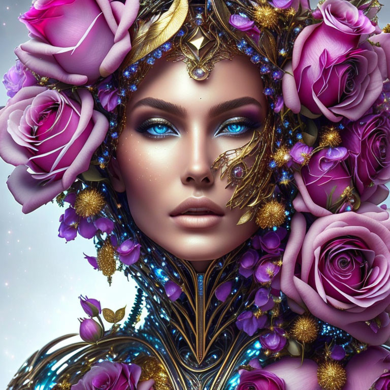 Digital Artwork: Woman with Deep Blue Eyes and Purple Rose Headdress