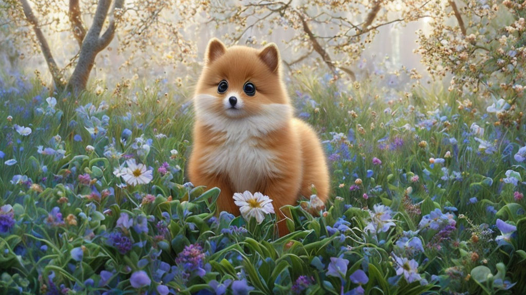 Fluffy Pomeranian Dog in Blooming Garden