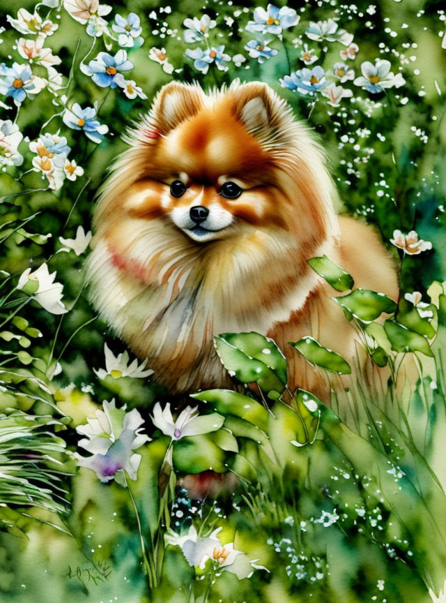 Fluffy Pomeranian Dog Surrounded by Vibrant Watercolor Flowers