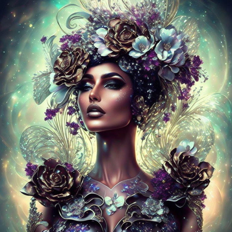 Digital Artwork: Woman with Floral Celestial Headdress in Purple and Gold Palette