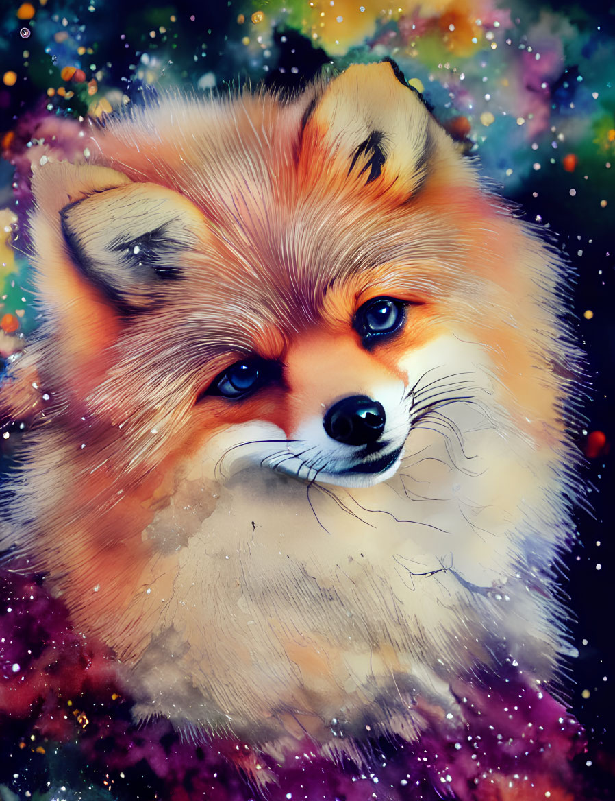 Colorful Cosmic Fox with Bright Blue Eyes Against Starry Background