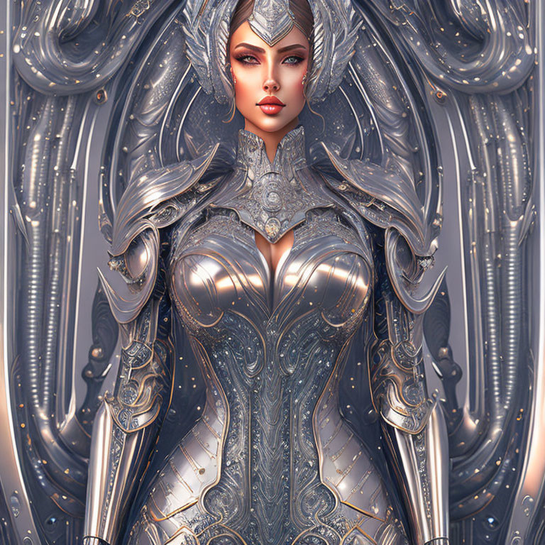 Digital artwork of female character in ornate silver armor with majestic helmet and intense gaze