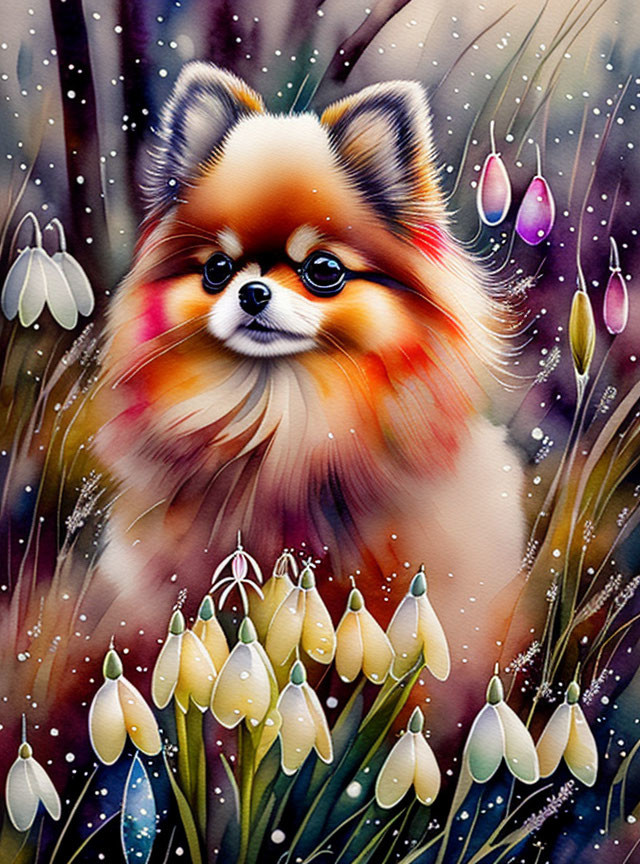 Colorful Pomeranian Dog with Snowdrop Flowers and Snowflakes