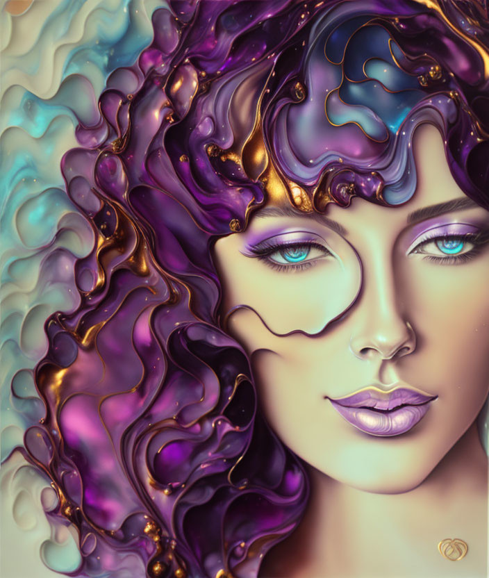 Digital artwork of female face with surreal flowing hair in purple, blue, and gold shades