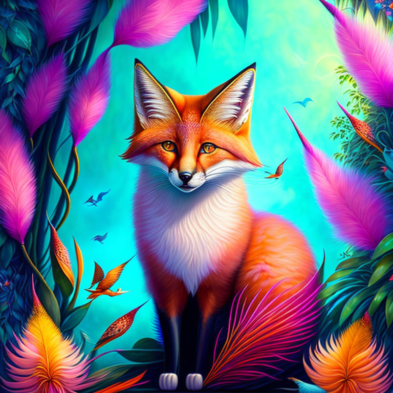 Colorful digital artwork of red fox in vibrant foliage