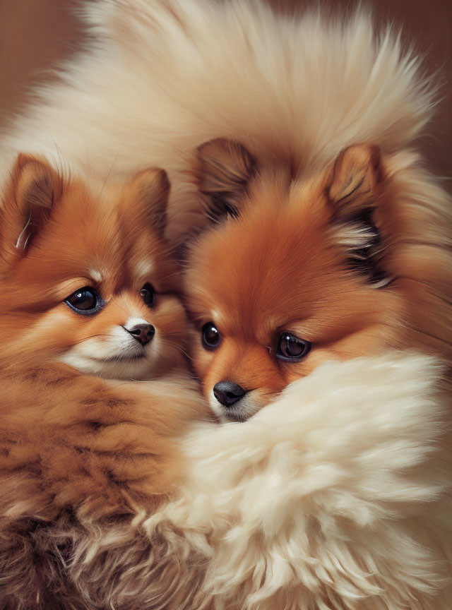 Two Snuggled Pomeranian Dogs on Creamy Background