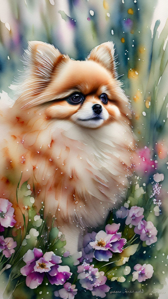 Illustration of Pomeranian Dog with Colorful Flowers