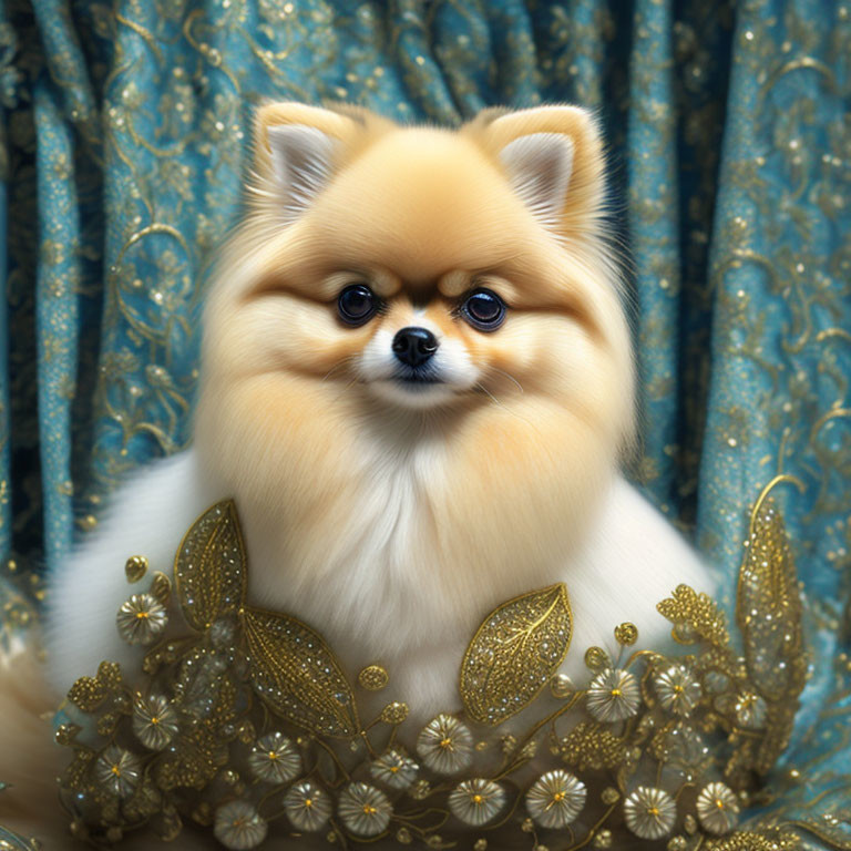 Majestic Pomeranian Dog Surrounded by Gold Leaves and White Flowers