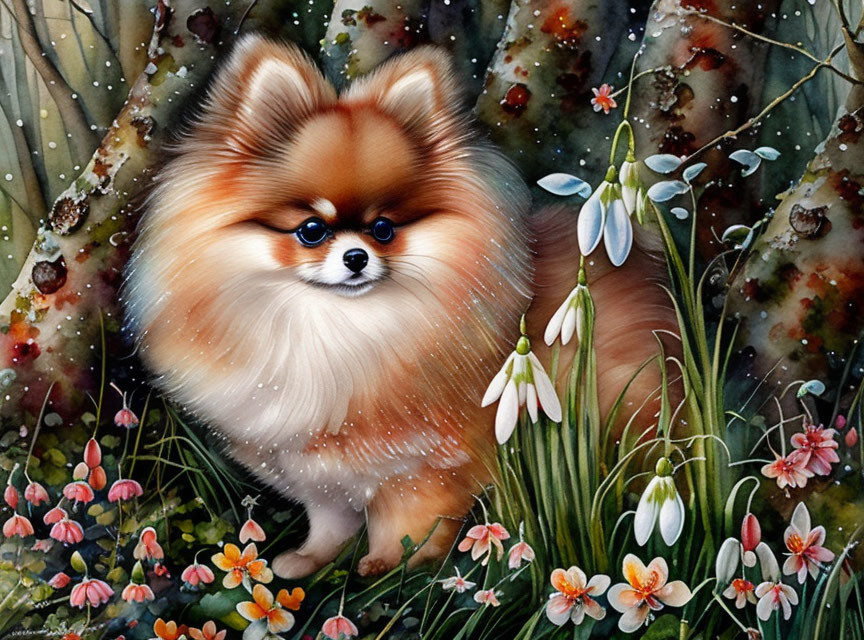 Fluffy Pomeranian in Colorful Flower Garden with Snowflakes