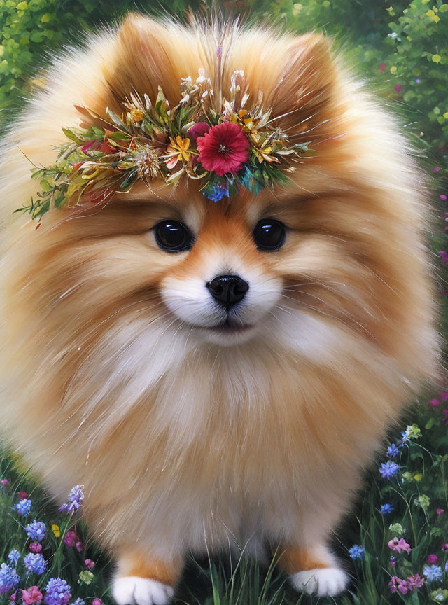 Fluffy Pomeranian Dog with Floral Crown in Flower Field