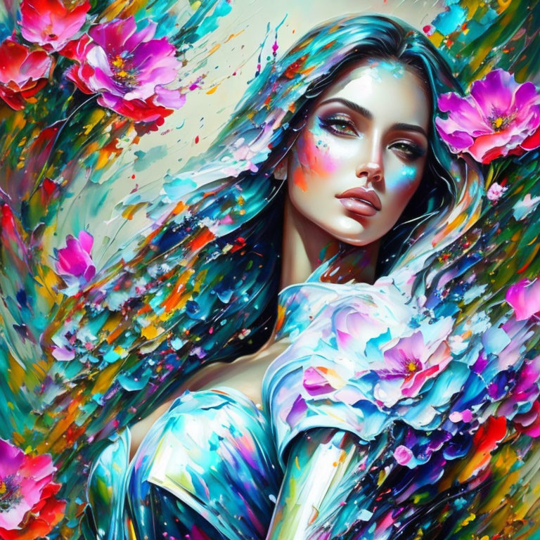 Colorful Floral Portrait with Dynamic Brush Strokes