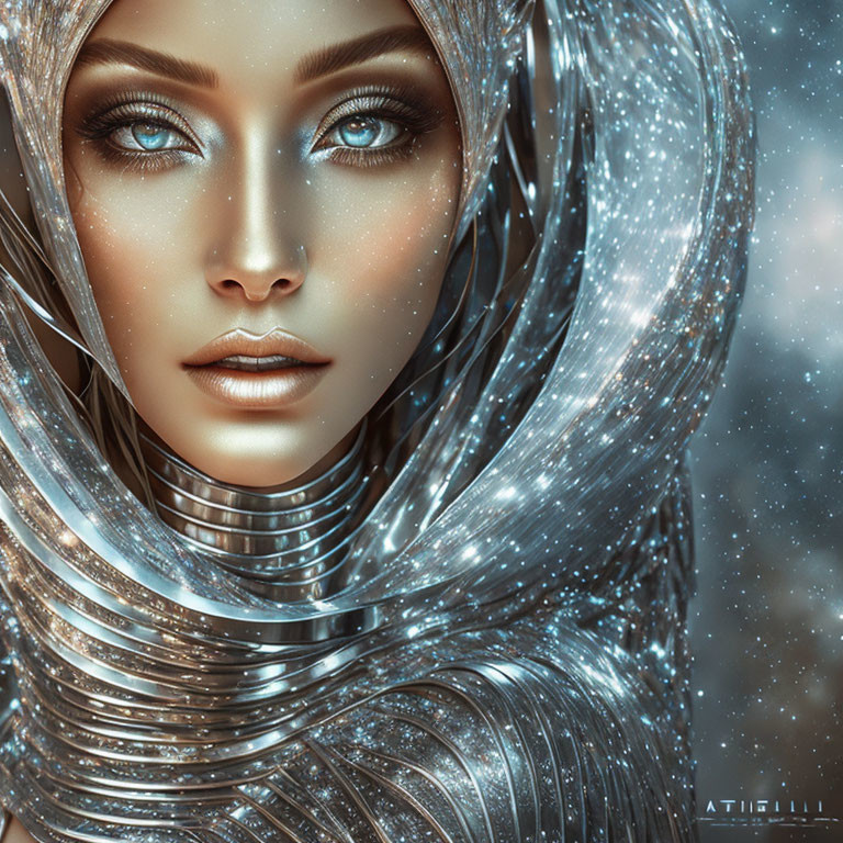 Digital Artwork: Woman with Blue Eyes in Futuristic Outfit on Snowy Background