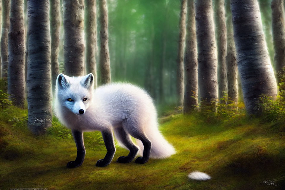 White Fox with Black Paws in Dreamy Forest with Blue Eyes