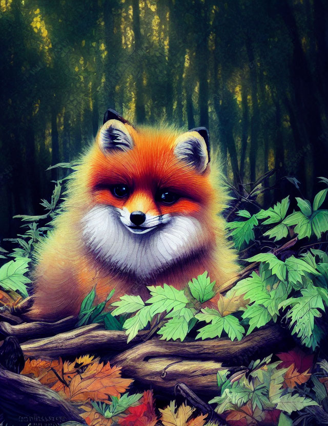 Illustration of Red Fox Resting in Forest Setting