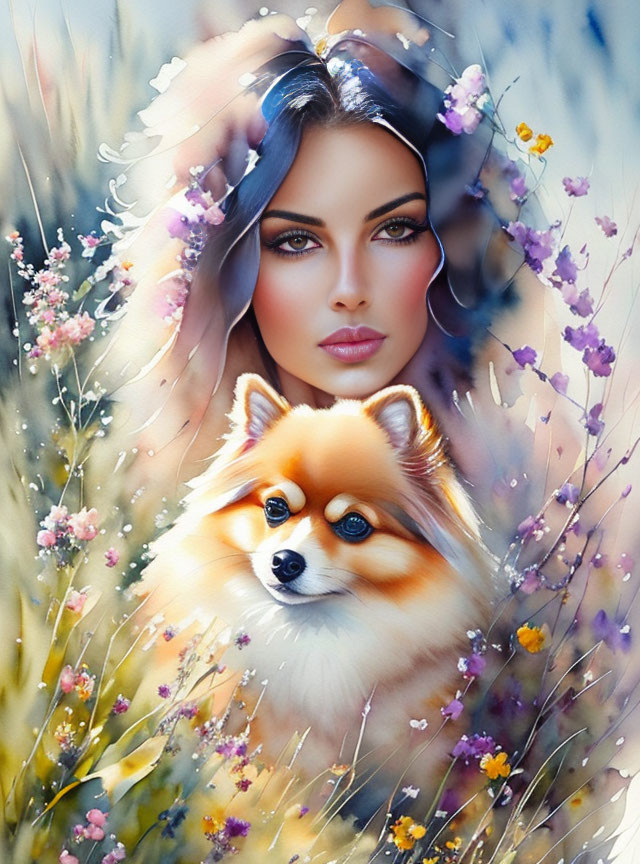 Digital painting of woman with dark hair, Pomeranian dog, and wildflowers.