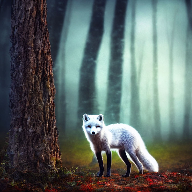 White Fox in Misty Forest with Vibrant Foliage and Blurred Trees