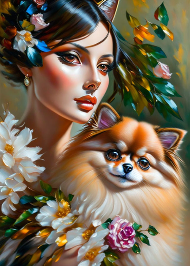 Portrait of woman with flowers in hair and Pomeranian dog in floral setting