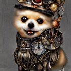 Steampunk-style Pomeranian dog with intricate metallic headdress and collar