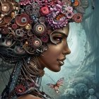 Elaborate Gold and Purple Floral Headpiece on Woman in Digital Art