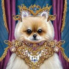 Pomeranian Dog in Royal Attire on Luxurious Throne