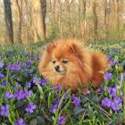 Fluffy Pomeranian Dog in Vibrant Wildflower Field