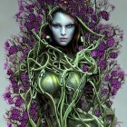 Futuristic female android with green skin and purple flowers