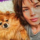 Woman with subtle makeup posing near fluffy brown Pomeranian dog.