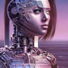 Female android digital artwork with intricate metal armor and glowing green eyes on pinkish background