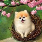 Illustration of Pomeranian Dog in Embroidered Frame with Greenery and Pink Flowers