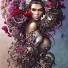 Vivid colorful flowers surround woman in artistic portrait