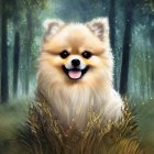 Majestic Pomeranian Dog Surrounded by Gold Leaves and White Flowers